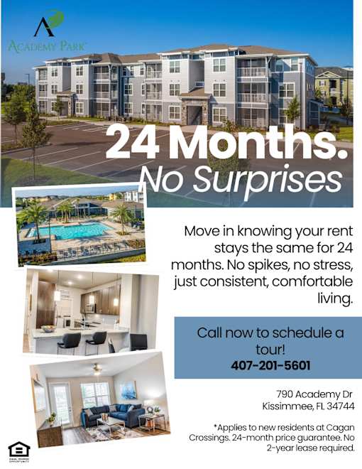 An advertisement for a 24-month rental agreement at Academy Park.